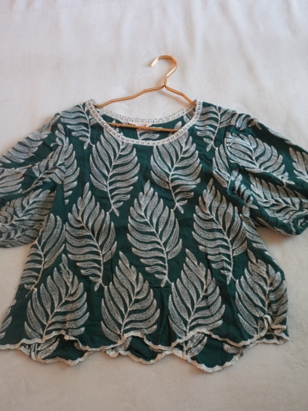 Solitaire Dark Teal Leaf-Embroidered Peasant Flowy Bohemian Blouse Size XL